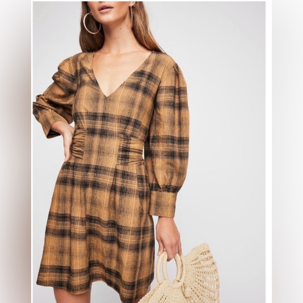 Free People Tan and Black Plaid Long Sleeve Dress - Picture 2 of 7